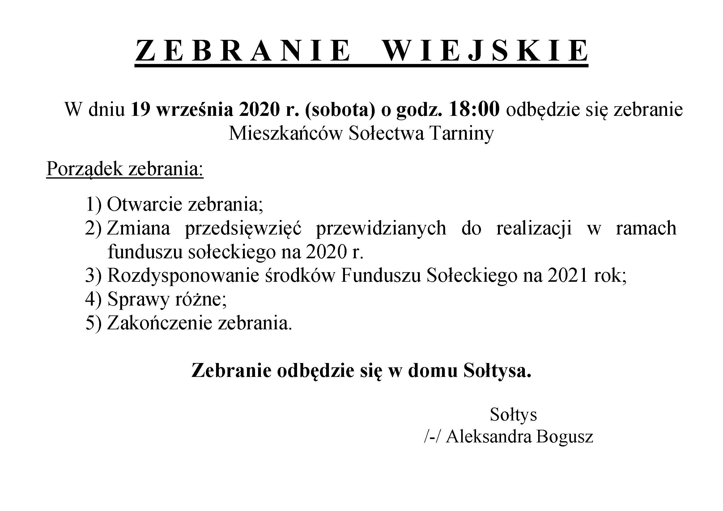 zebrania wiejskie ogłoszenie Tarniny