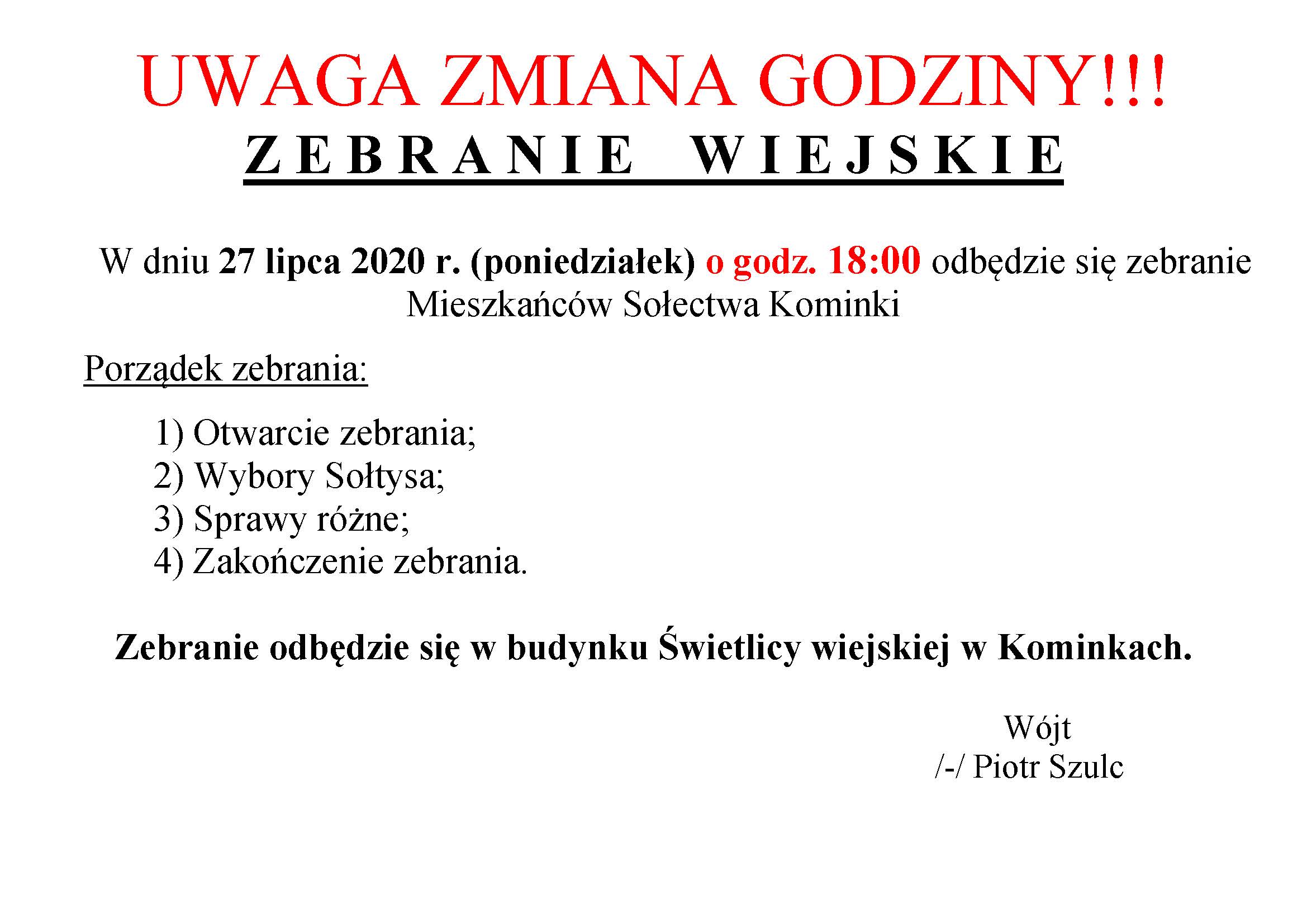 zebrania wiejskie ogłoszenie Kominki 2020