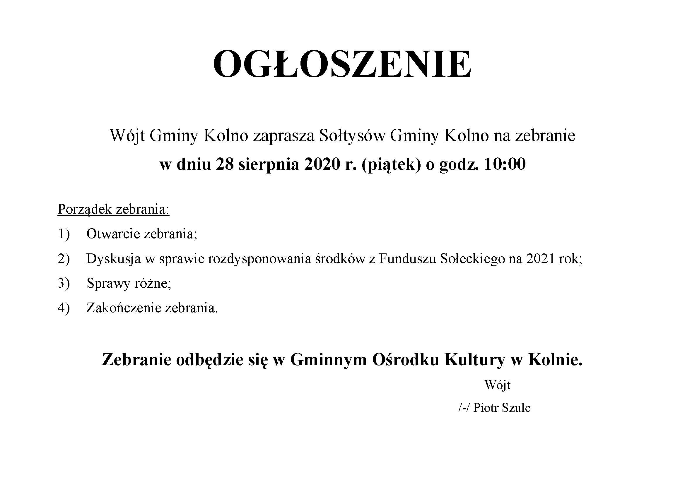 OGŁOSZENIE zebranie sołtysów