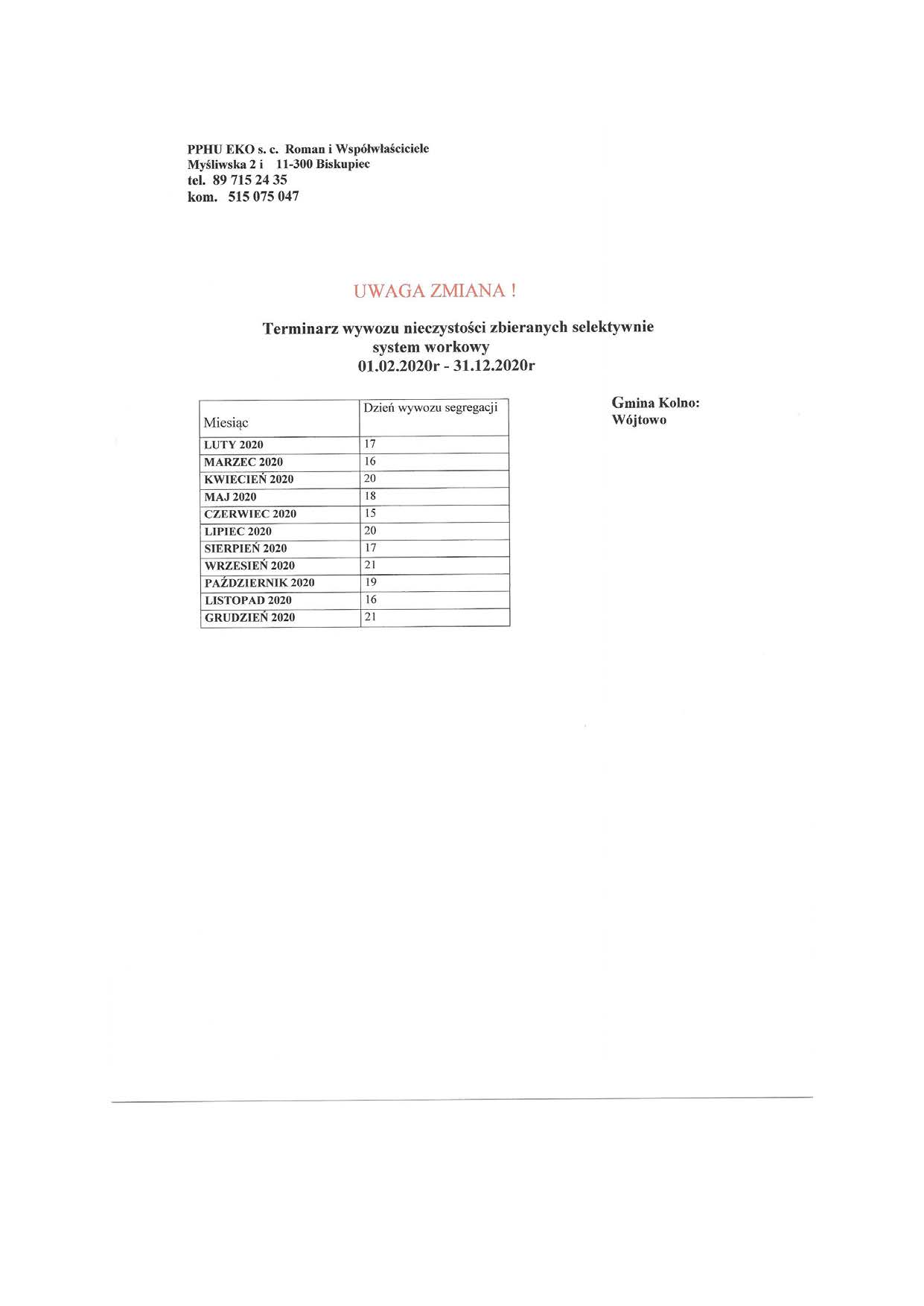 Zmiana harmonogramu wywozu odpadów 2020 Strona 1