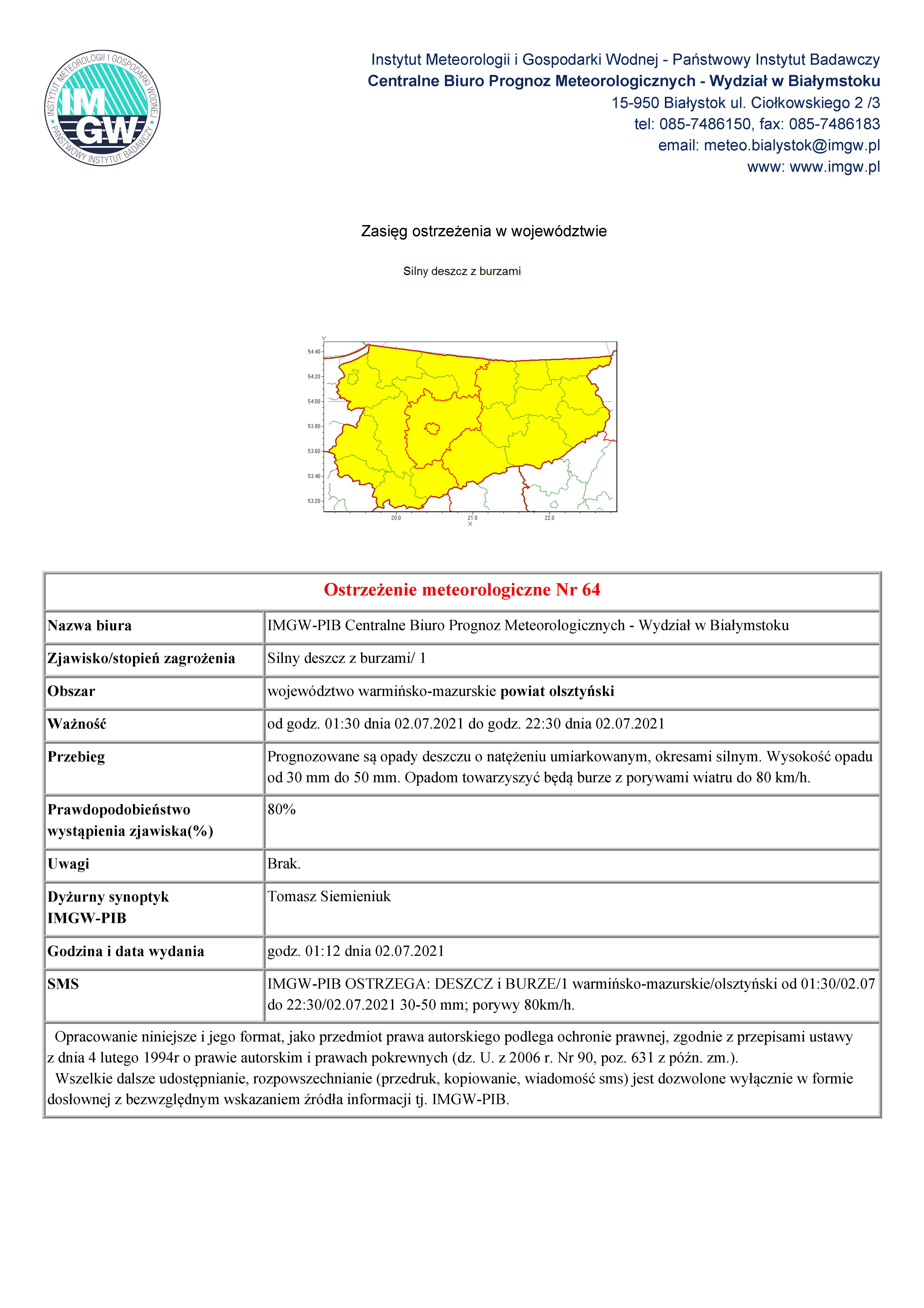 Ostrzezenie meteorologiczne Nr 64