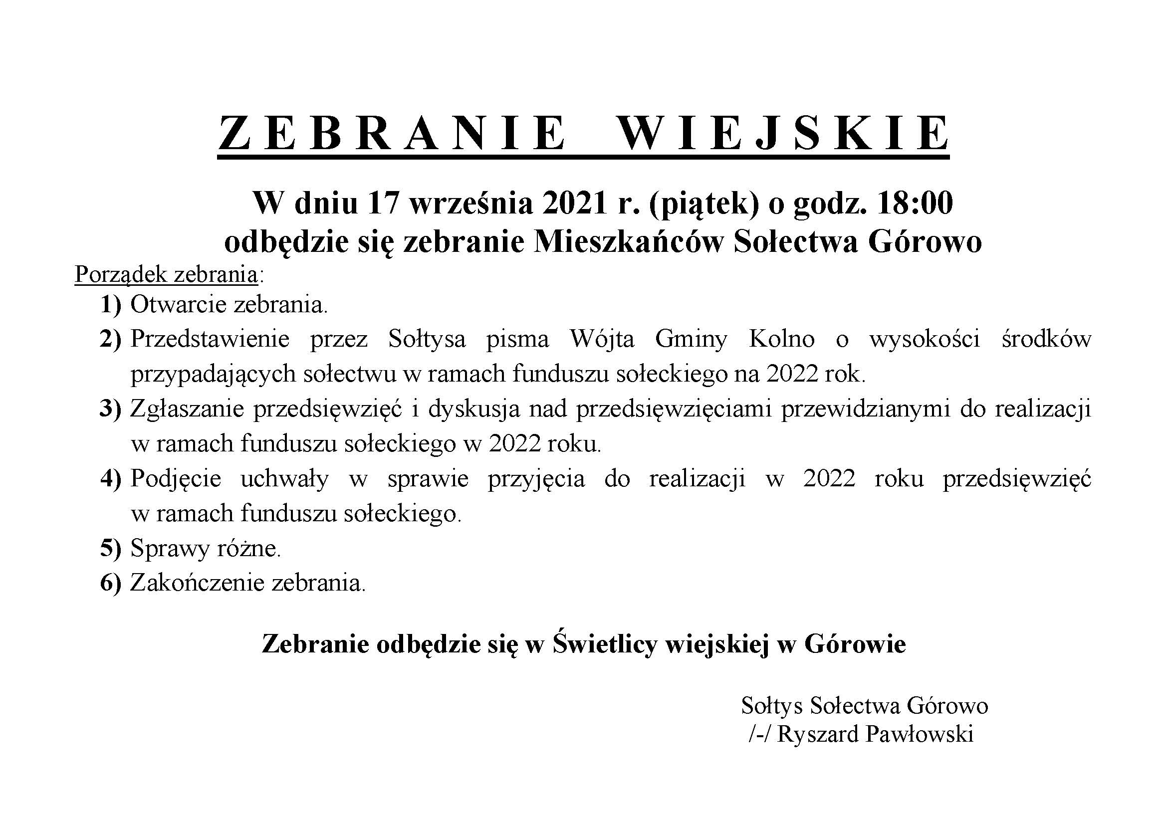 Zebranie wiejskie fs na 2022r Gorowo