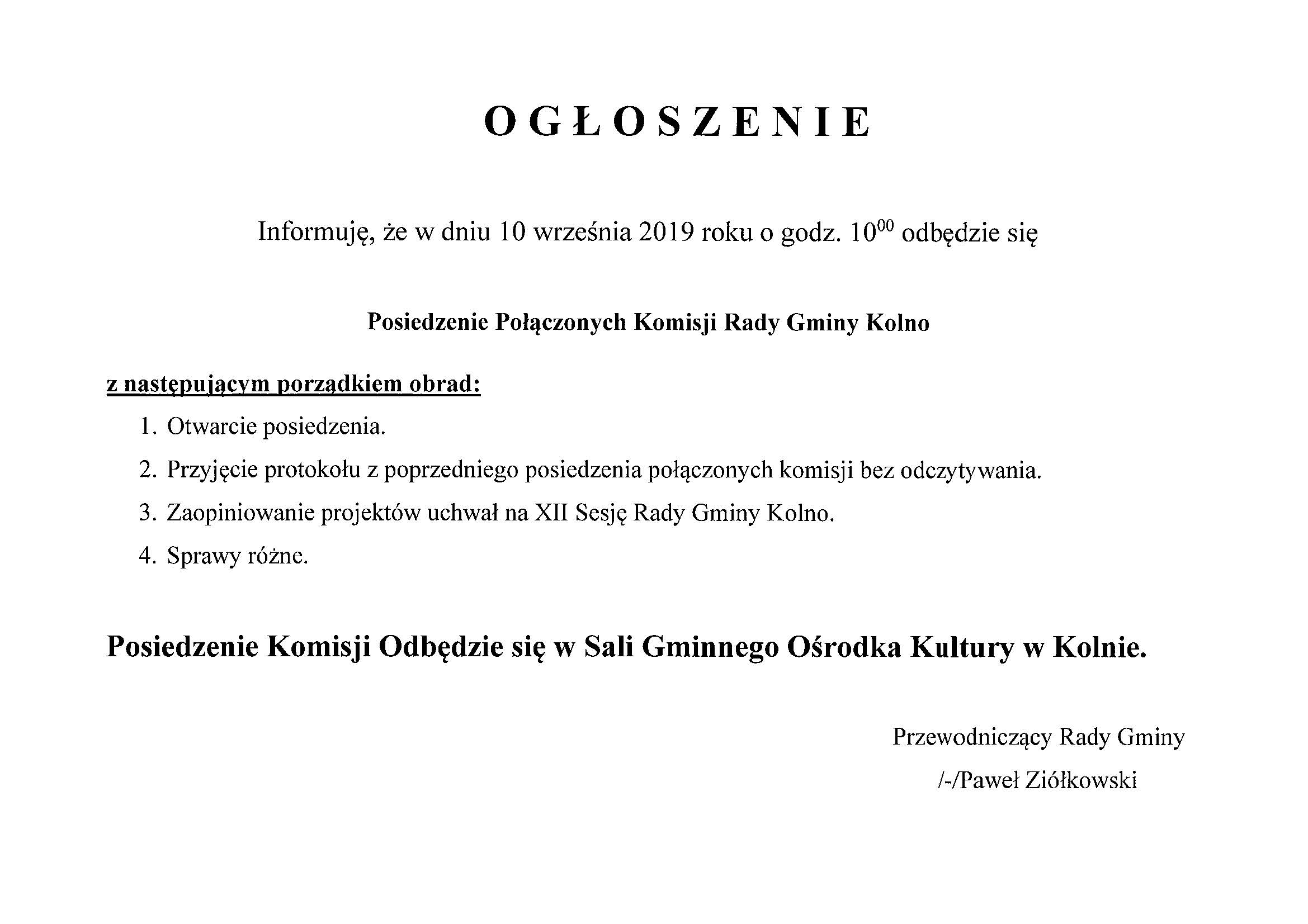 Ogłoszenie Posiedzenie Połączonych Komisji Rady Gminy Kolno