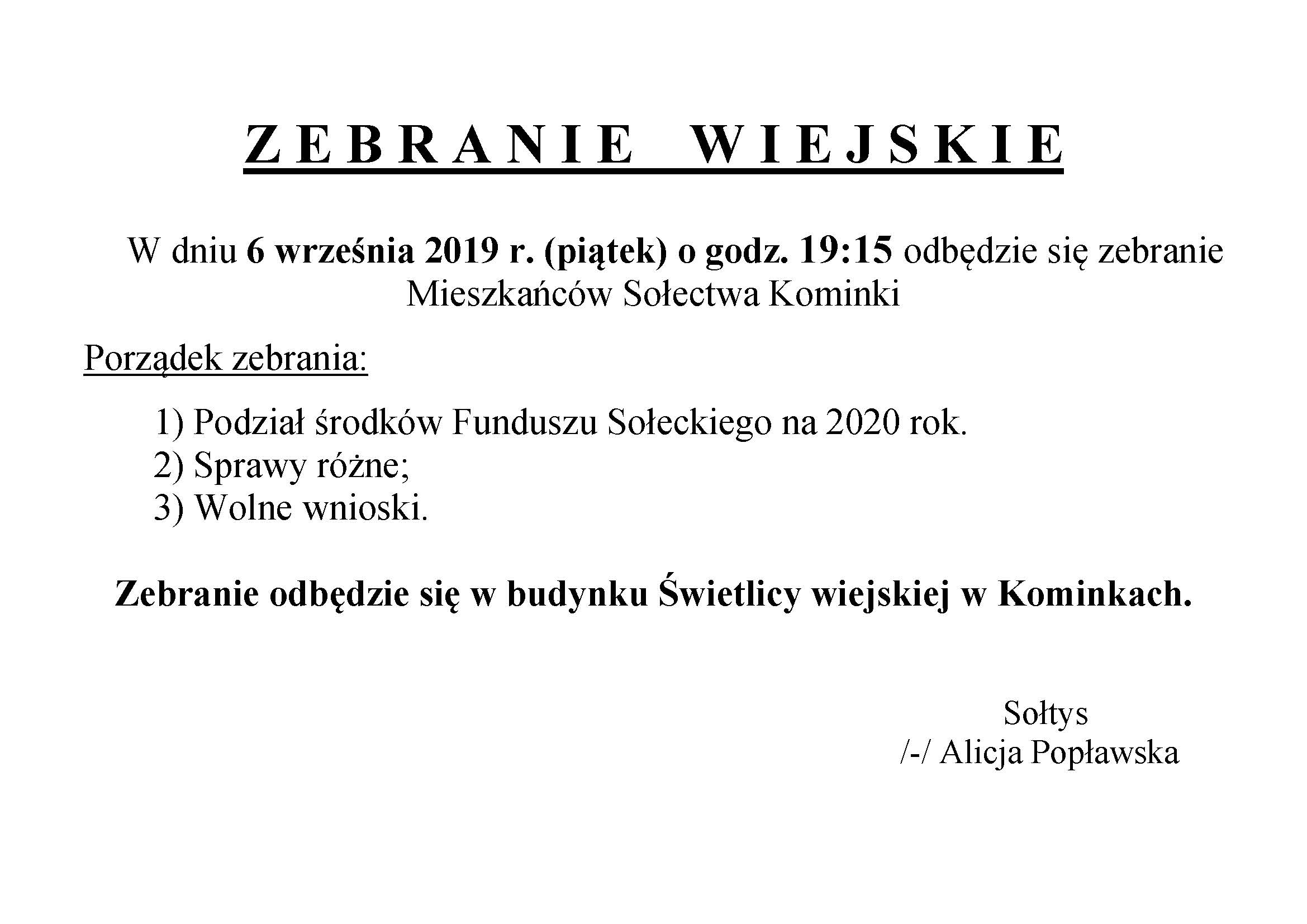 zebrania wiejskie ogłoszenie Kominki